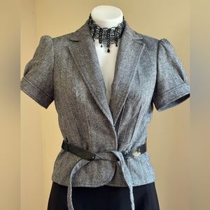 Loft Striped Beaded Belted Jacket Small Ballon Sleeves BioWool Blend Sz 8P